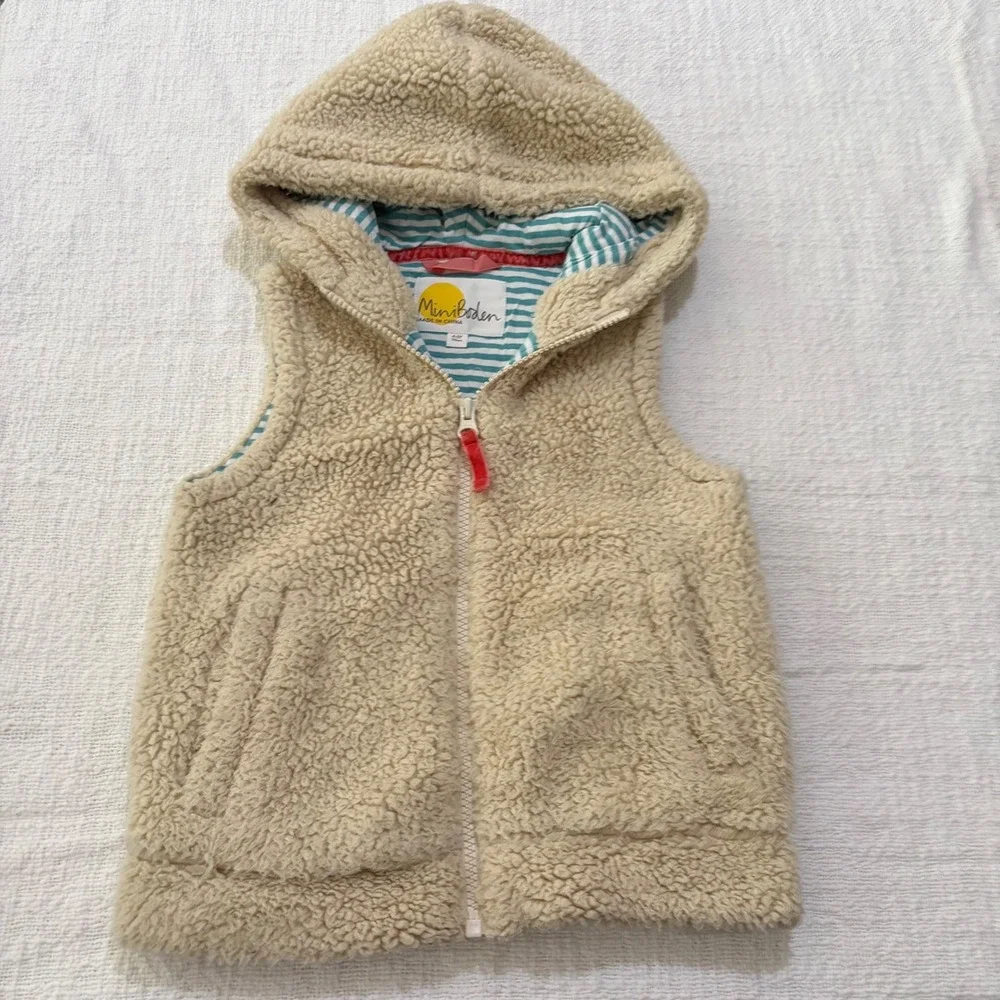 Mini Boden Kids Beige Sherpa Fleece Hooded Vest Zip Up Striped Lining 4-5Y 110cm